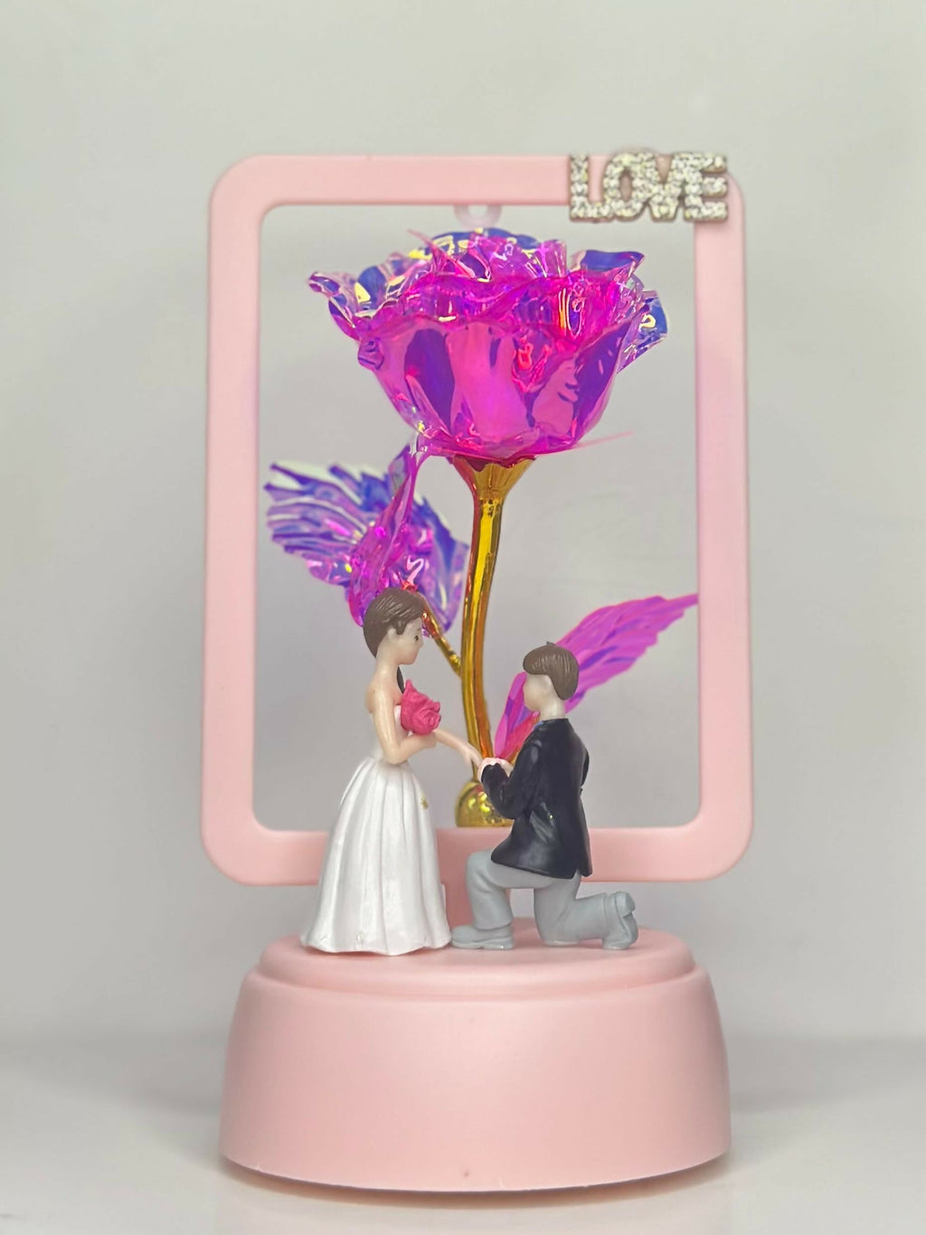 Romantic LED Love Showpiece with Golden Stem Crystal Rose and Proposal Couple Figurine – Decorative Night Lamp for Bedroom, Anniversary Gift, Valentine's Day, Wedding or Engagement Celebration
