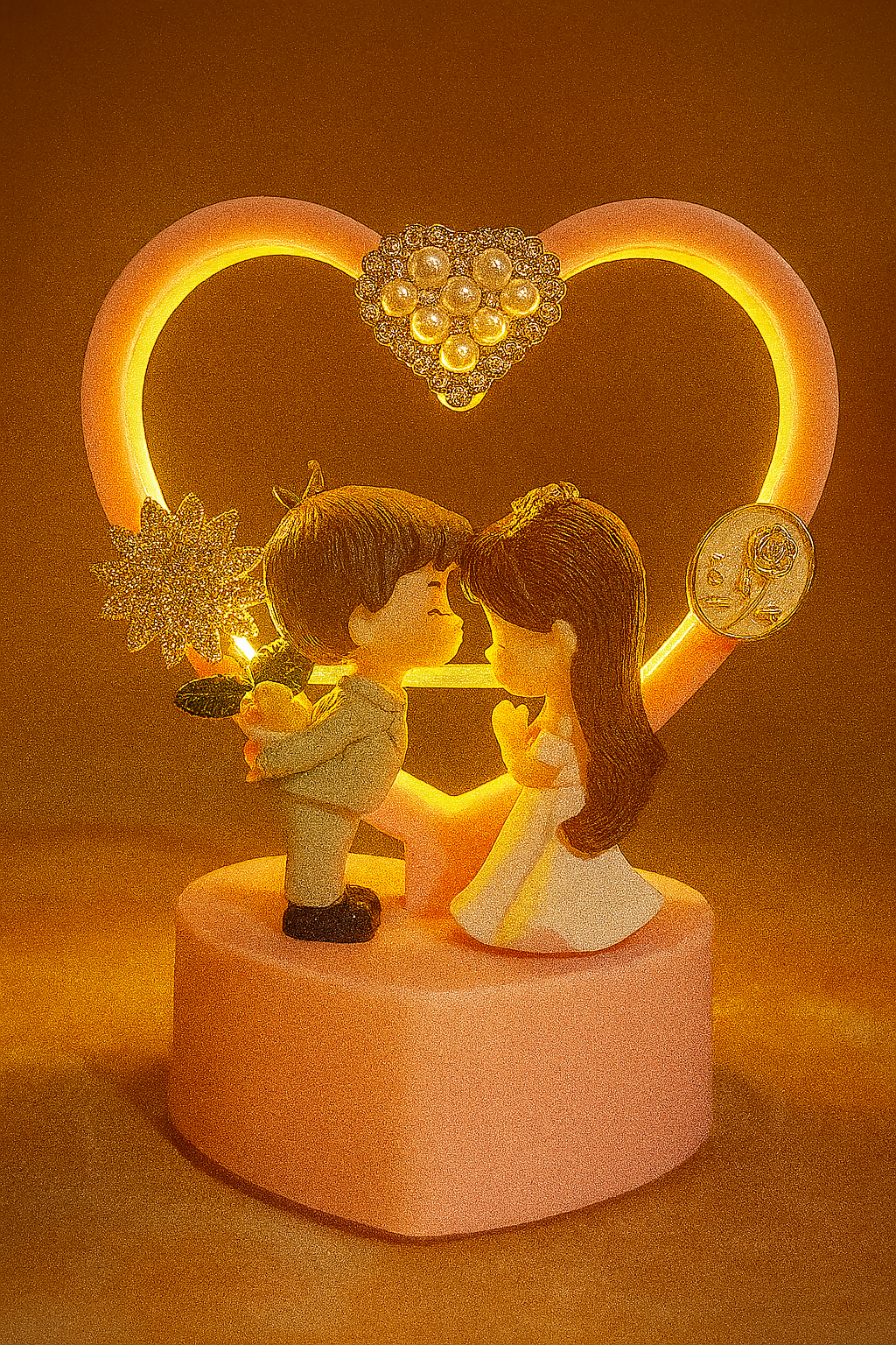 Romantic Couple Figurine LED Night Lamp – Heart Shape Table Decor Showpiece | Cute Bride Groom Miniature with Decorative Arch & Lights – Ideal Valentine, Anniversary, Wedding Gift (Pink)