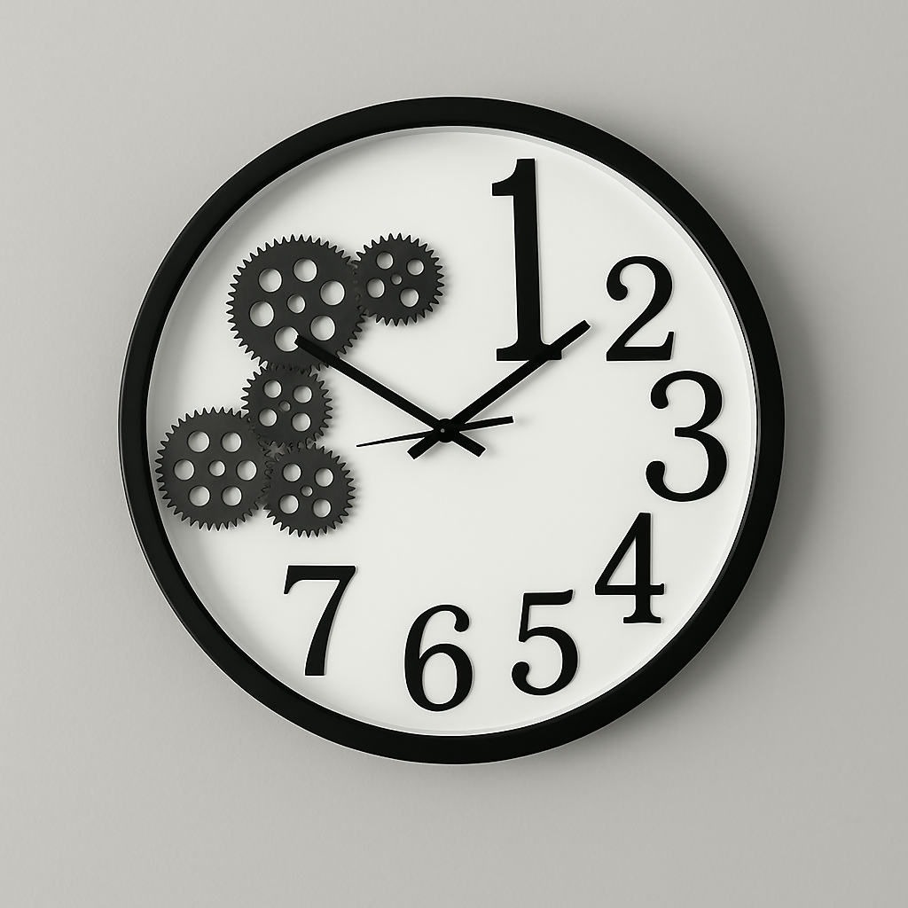 Modern Gear Wall Clock –Large Industrial Gear Wall Clock – Modern Black & White Round Decorative Timepiece with Exposed Cog Design – Silent Non-Ticking Quartz Movement for Living Room, Office, or Loft Decor