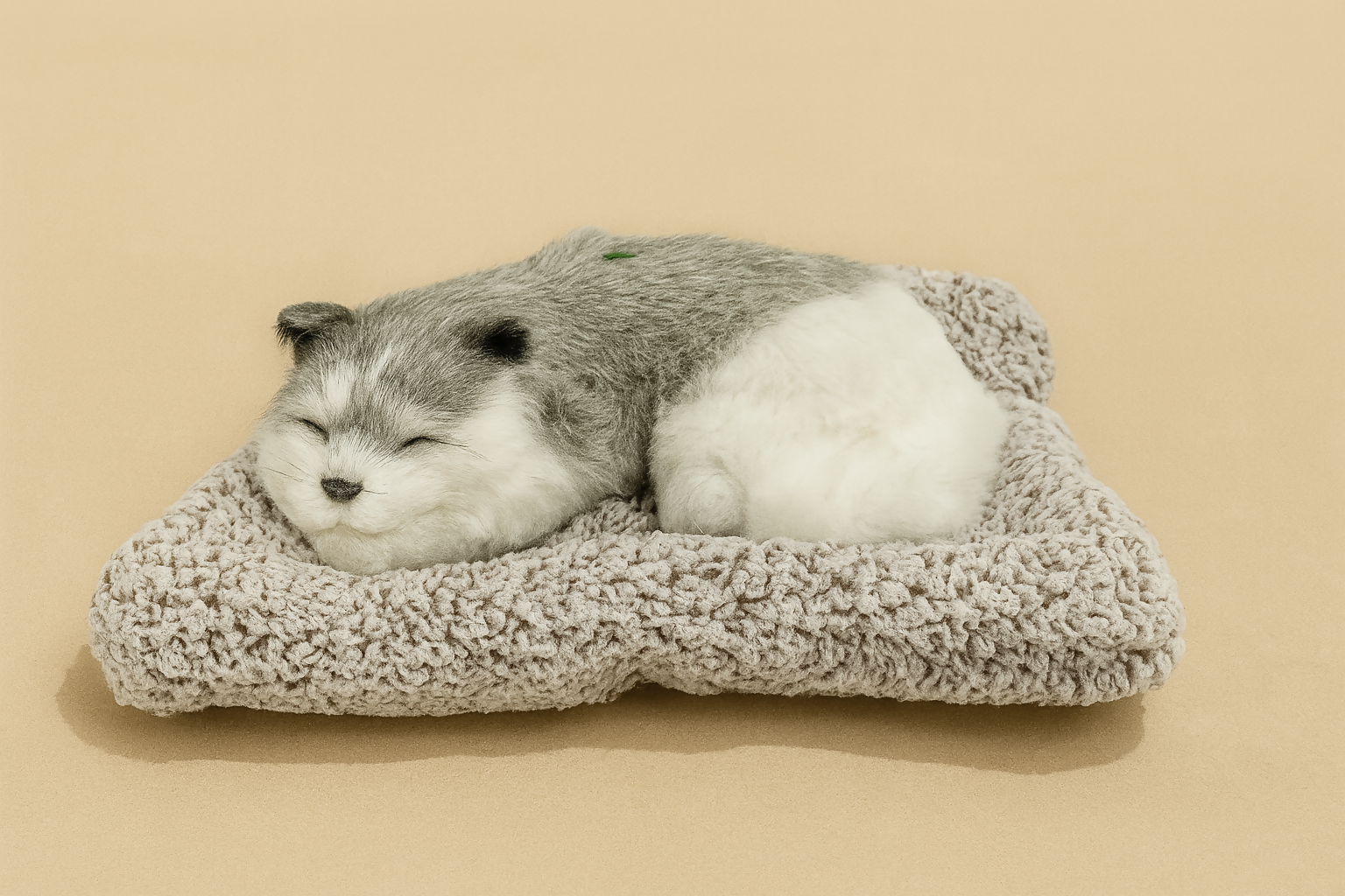 Realistic Sleeping Grey & White Plush Dog Toy with Soft Bed – Faux Breathing Puppy for Car Dashboard & Home Decoration – Cute Pet Lover Gift for Kids & Adults