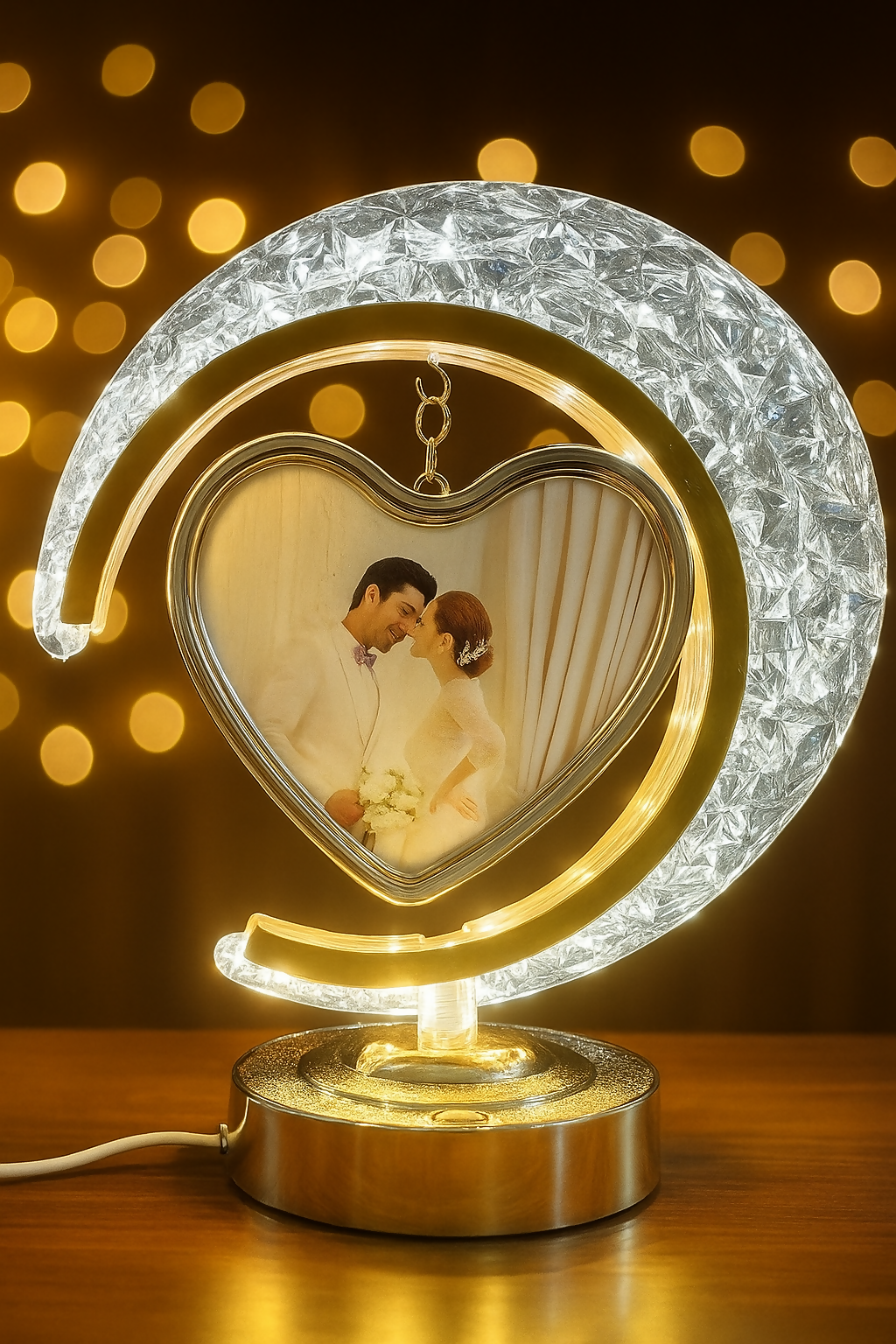 Crescent Moon LED Table Lamp with Hanging Heart-Shaped Rotating Photo Frame – Crystal-Textured Decorative Light for Bedroom or Living Room – Personalized Gift for Couples, Wedding, Anniversary & Valentine’s Day