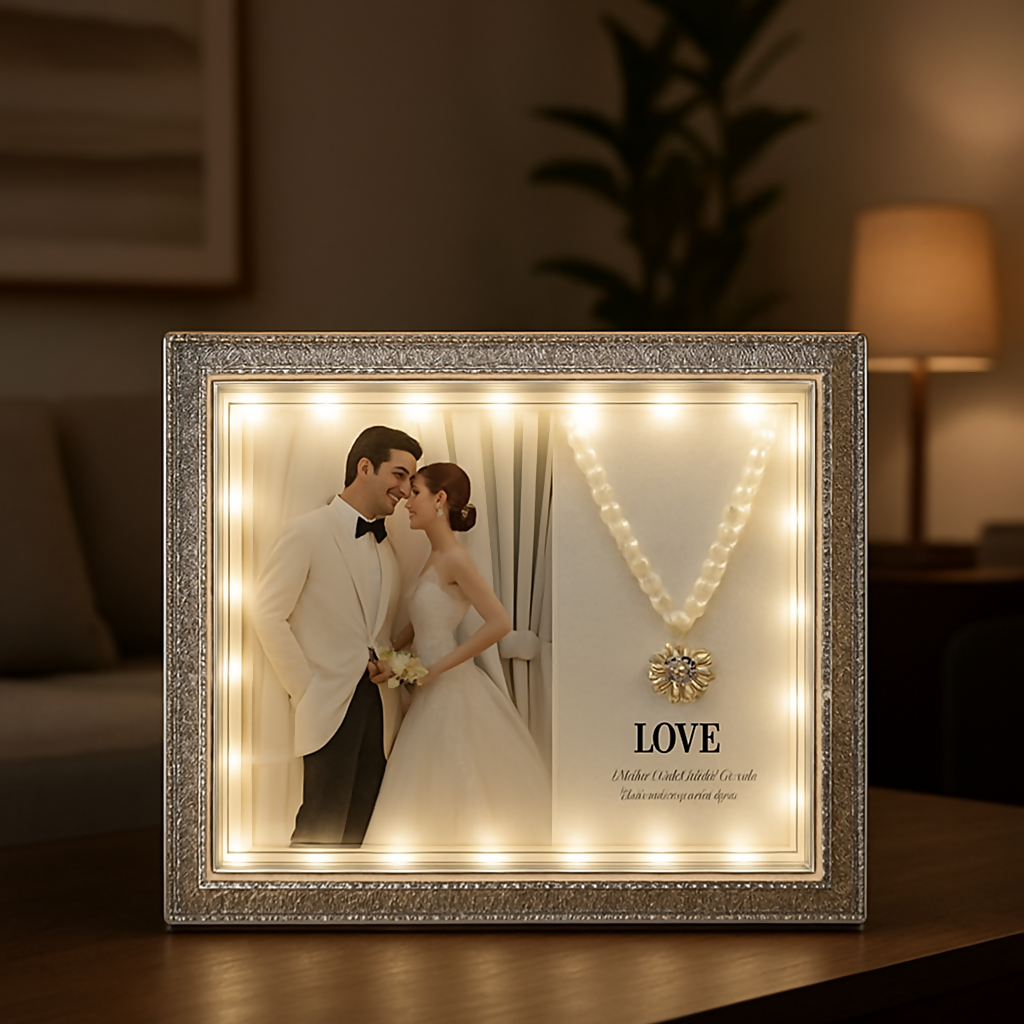 Crystal LED Wedding Photo Frame with Necklace Design – 5x7 Inch Decorative Light Up Picture Frame for Couple Photos | Romantic Home Décor Gift for Anniversary, Wedding & Valentine’s Day | Elegant Crystal Border Tabletop Frame