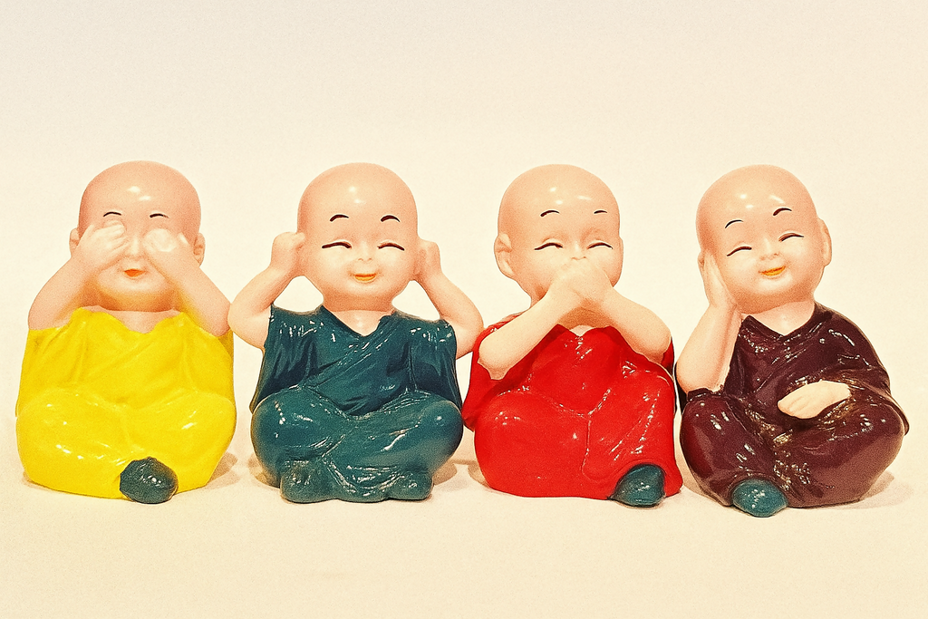 Colorful Little Monk Figurines Set – Hear No Evil, See No Evil, Speak No Evil, Think Good Thoughts Statues