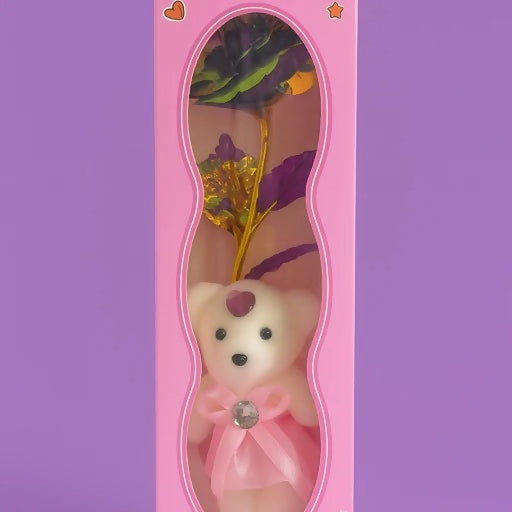 Luxury Gift Set of 6 Artificial Rose with Cute Teddy in Designer Pink Box – Multicolor Golden Foil Flower & Plush Bear Combo for Valentine’s Day, Birthday, Anniversary & Romantic Gifting