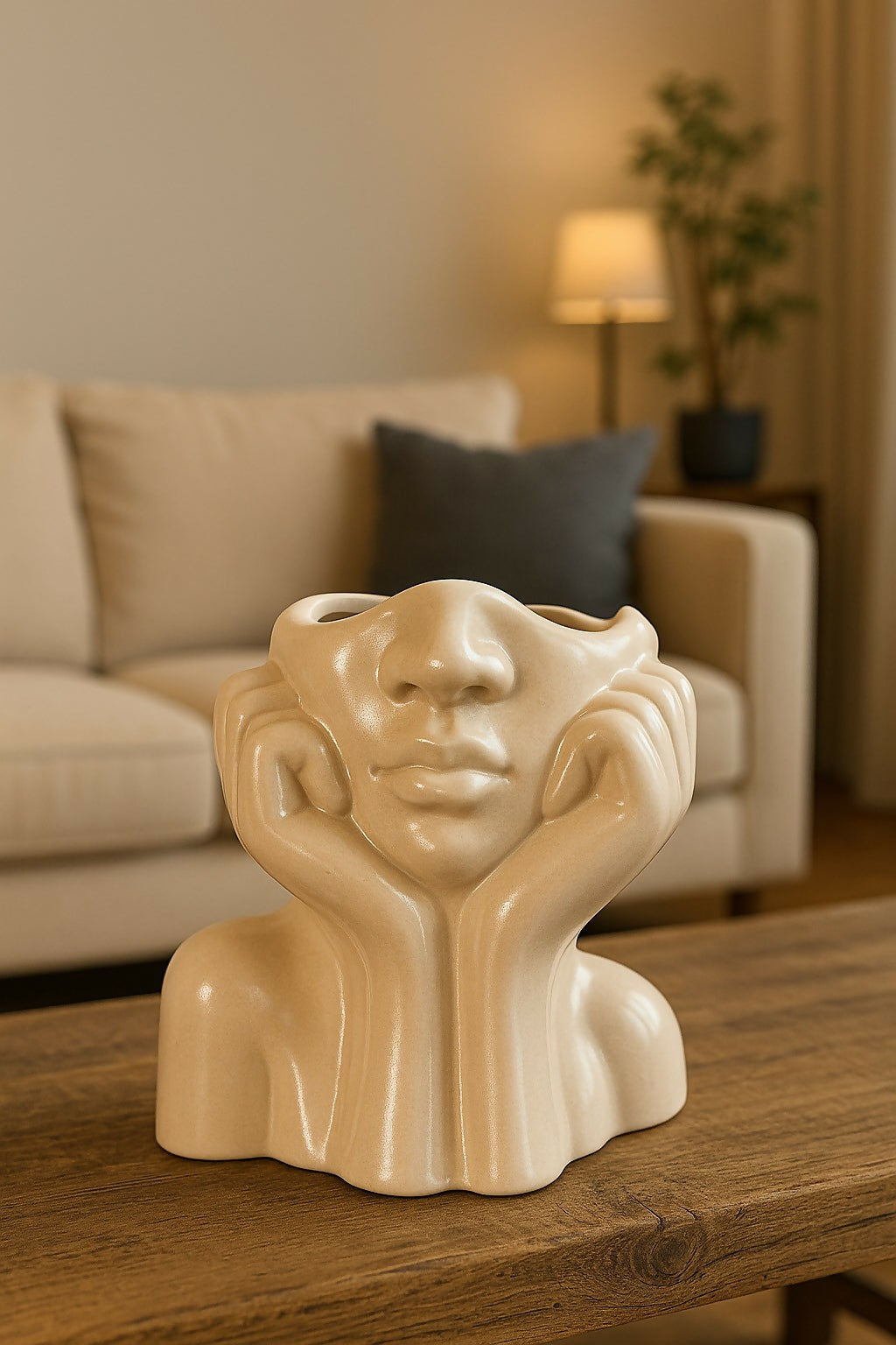 HOME DECOR Elegant Beige Face Planter Pot – Artistic Resin Female Head and Hands Sculpture Planter for Succulents, Cactus, and Flowers – Premium Abstract Home Decor Vase for Tabletop, Shelf, or Gift Use