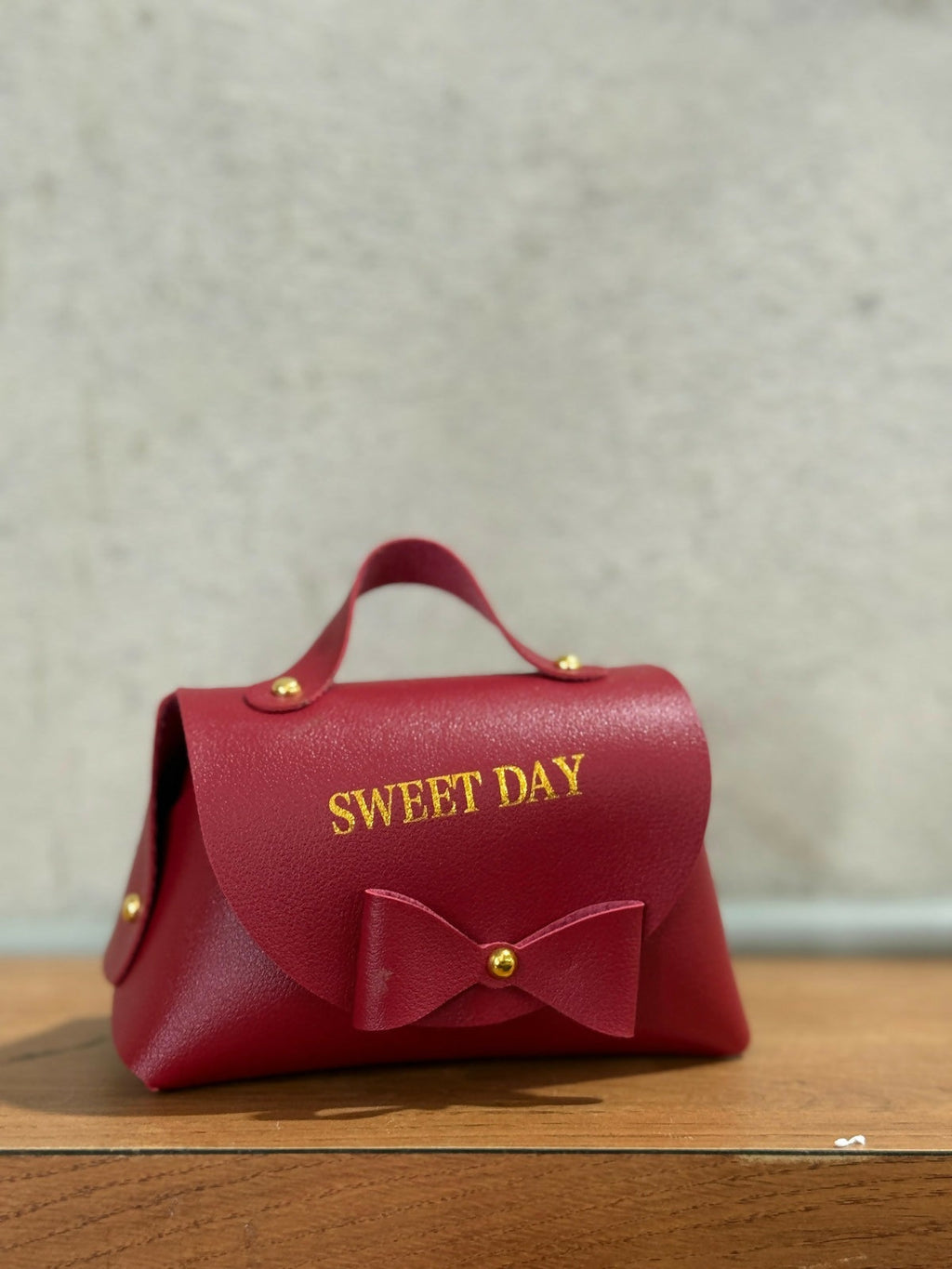Cute Red Faux Leather Handbag with Bow Design | Mini Gift Pouch Purse for Women, Girls, Party Return Gift, Candy or Jewelry Storage – "Sweet" Print