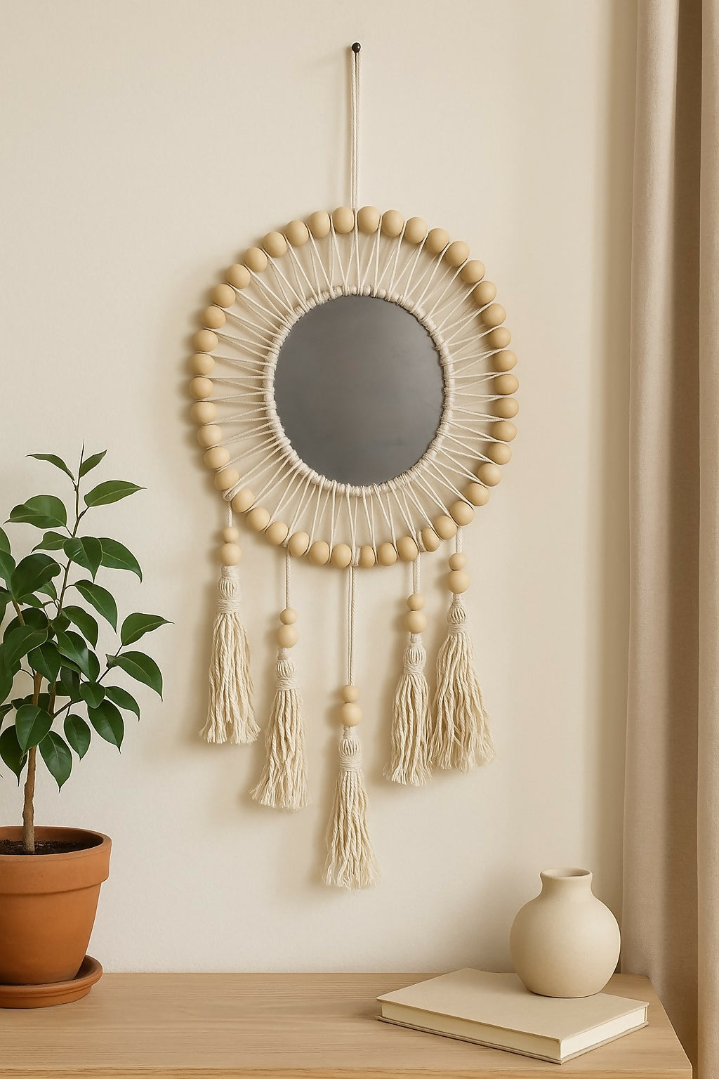 HOME DECOR Boho Wall Hanging Mirror with Wooden Beads and Tassels – Handmade Round Decorative Mirror for Living Room, Bedroom, Entryway, or Modern Bohemian Home Décor
