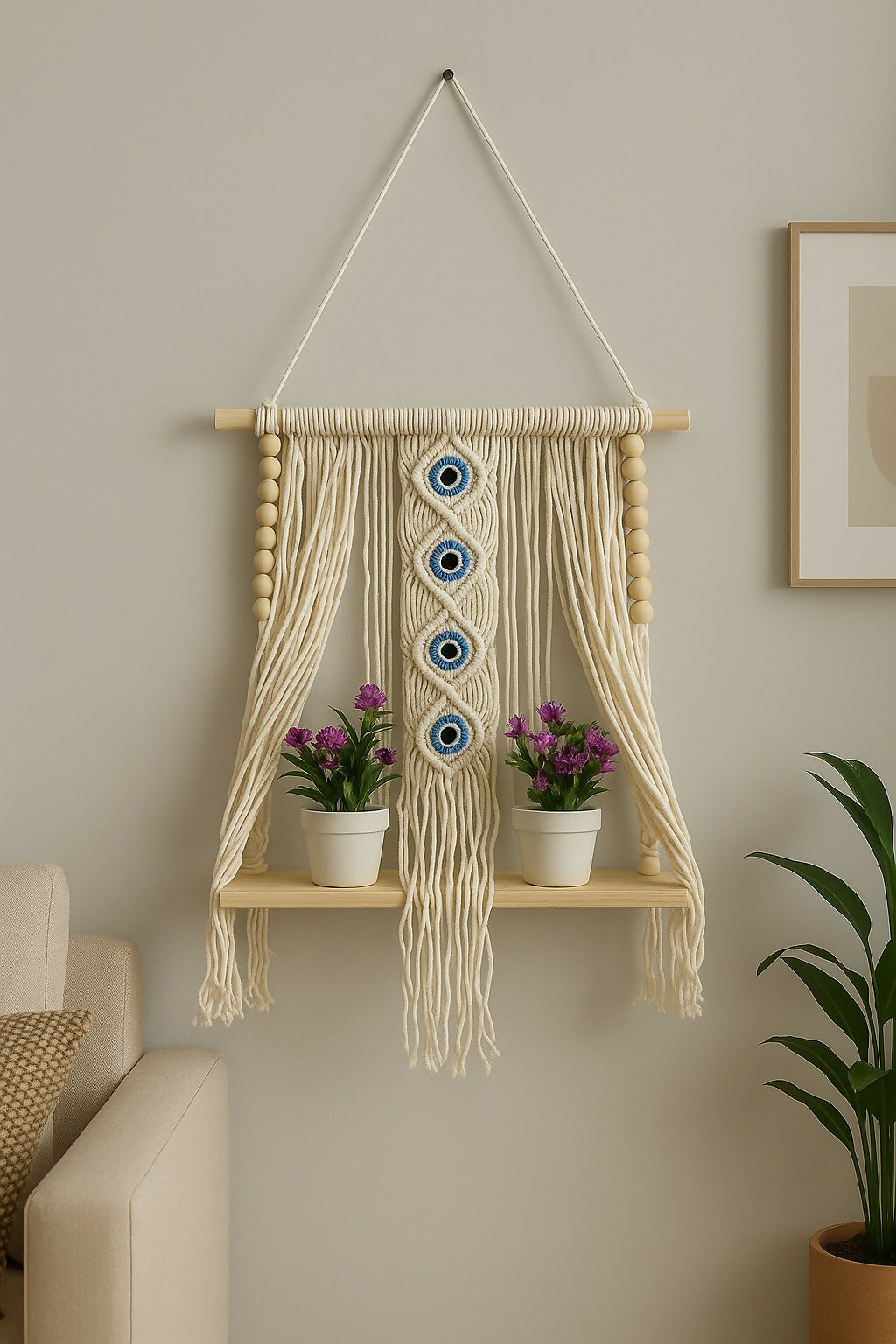 HOME DECOR Handmade Macrame Wall Hanging Shelf with Evil Eye Design and 2 Artificial Bonsai Plants – Bohemian Wooden Rope Planter for Home Décor, Living Room, Balcony & Gifting
