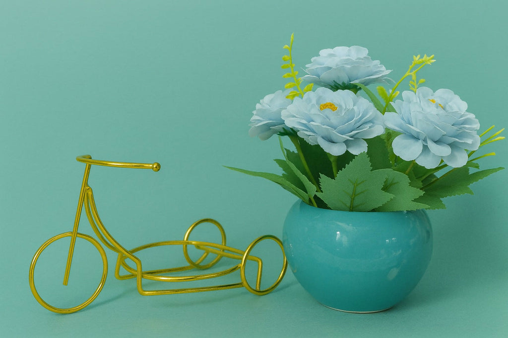 Artificial Blue Rose Flower Arrangement in Glossy Teal Ceramic Pot with Golden Bicycle Stand – Elegant Decorative Table Centerpiece for Home, Office, and Gifting