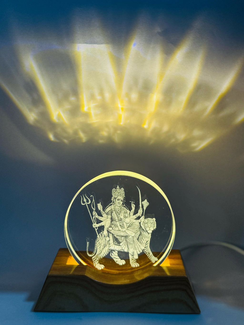 Durga Mata 3D LED Night Lamp with Wooden Base | Laser Engraved Acrylic Light of Goddess Durga on Tiger | Spiritual Home Decor for Mandir, Living Room & Gifting | Warm Glow USB Powered Night Light