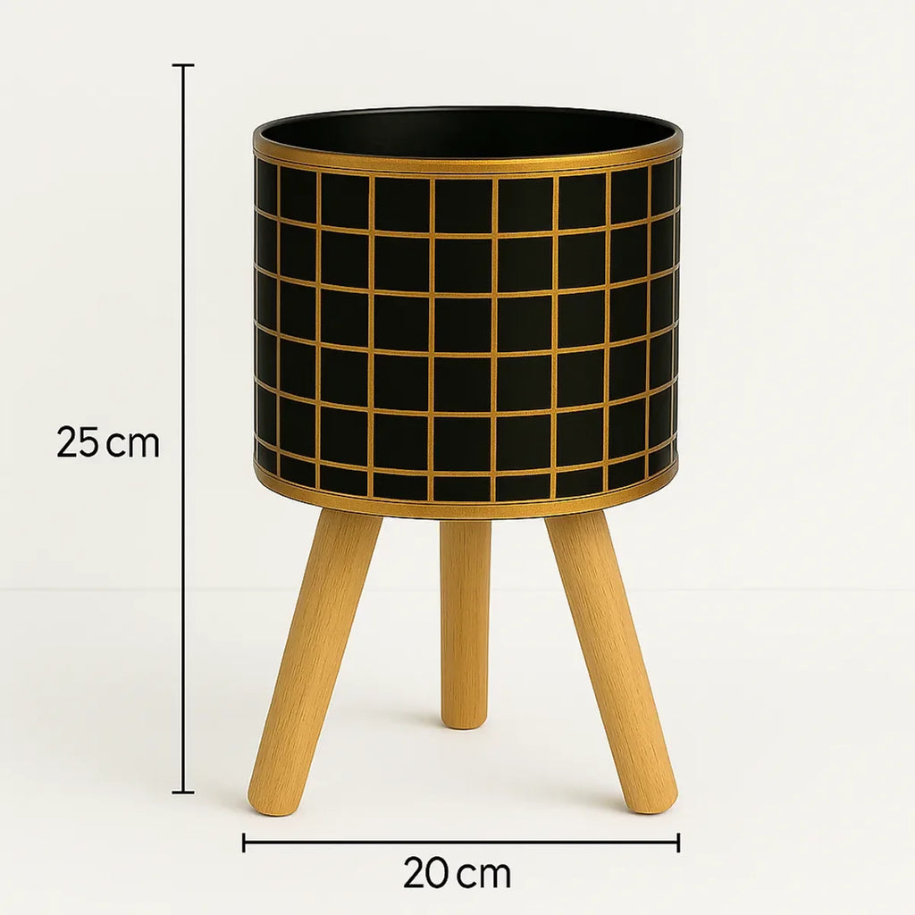HOME DECOR Set of 3 Modern Black & Gold Grid Planters with Wooden Stands – Decorative Metal Plant Pots
