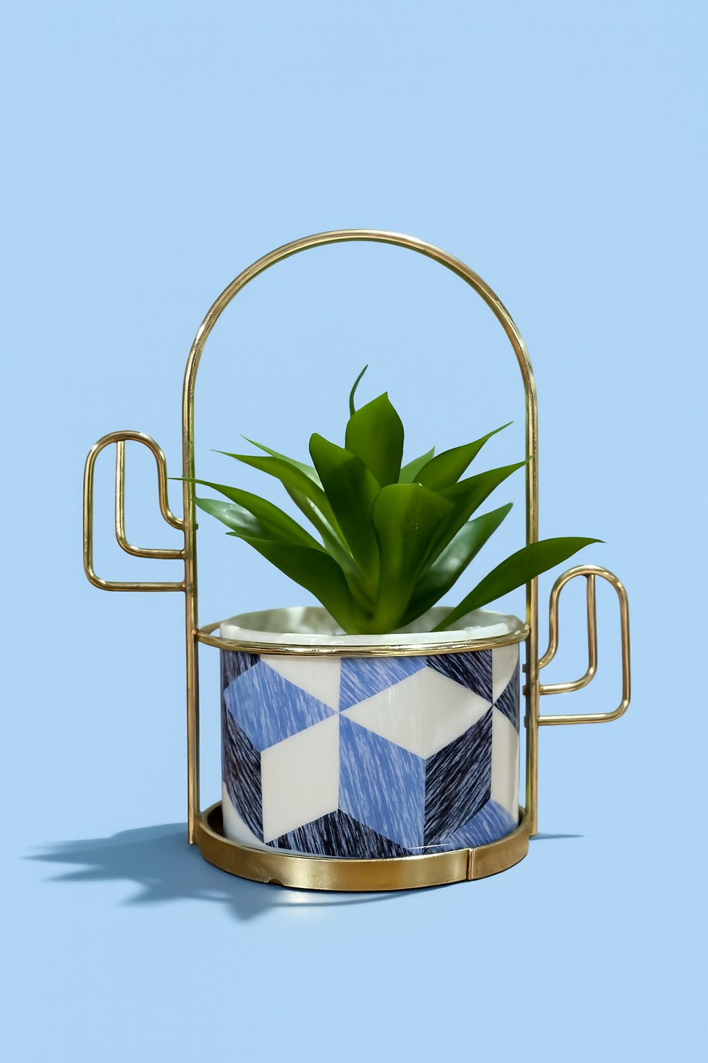 Geometric Pattern Ceramic Planter with Artificial Plant and Golden Metal Stand – Indoor Tabletop Home Decor Pot for Living Room, Office, and Gifting
