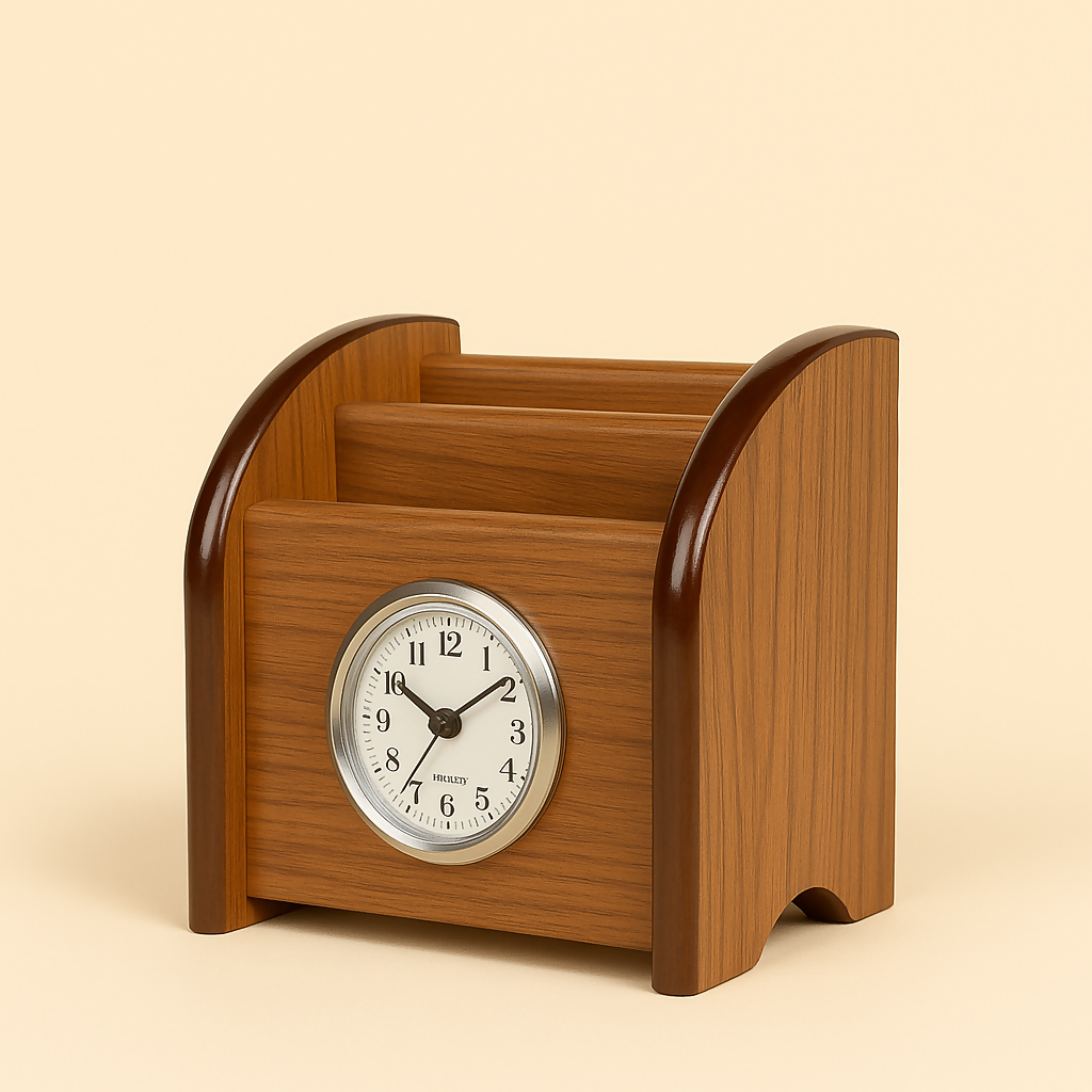 Premium Wooden Desk Organizer with Built-in Analog Clock – Multifunctional Tabletop Stationery Holder for Office, Home & Study Desk – Vintage Walnut Finish with Dual Storage Slots and Classic Timepiece