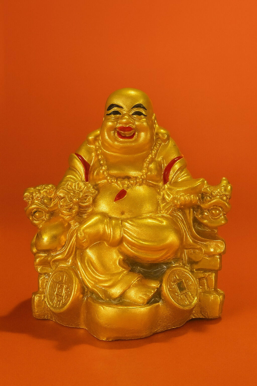 Golden Laughing Buddha Idol Sitting on Wealth Symbols – Resin Feng Shui Statue for Home & Office Decor – Good Luck, Prosperity & Happiness Showpiece