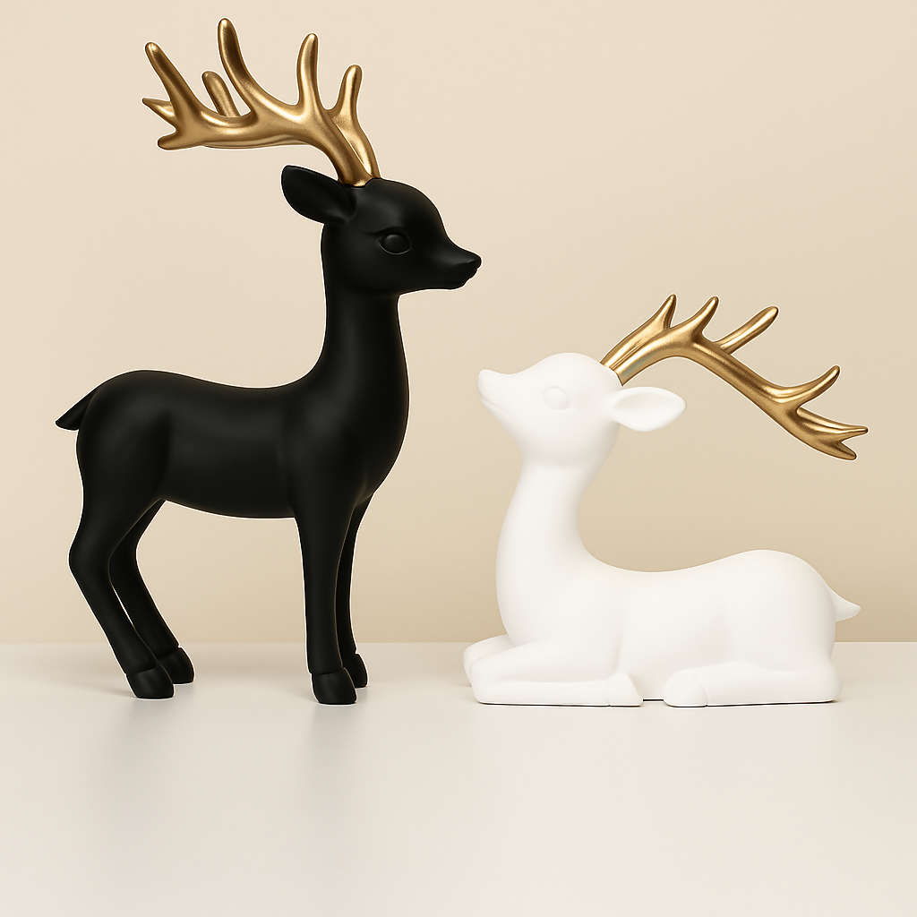 HOME DECOR  Matte Black & White Deer Statues with Golden Antlers
