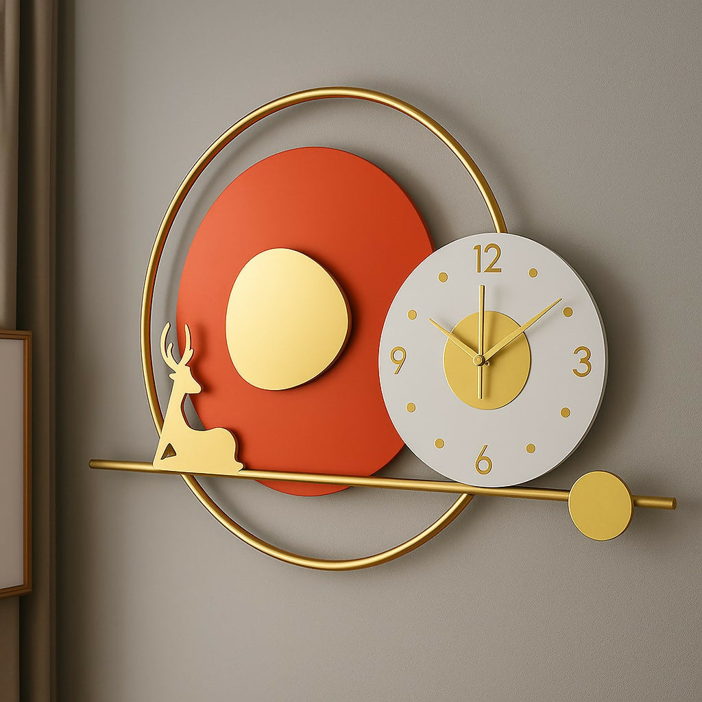 HOME DECOR Luxury Modern Designer Wall Clock with Golden Deer Motif – Abstract Art-Inspired Silent Quartz Clock for Living Room, Hallway, Office & Home Décor – Metal Frame with Red, White & Gold Accents