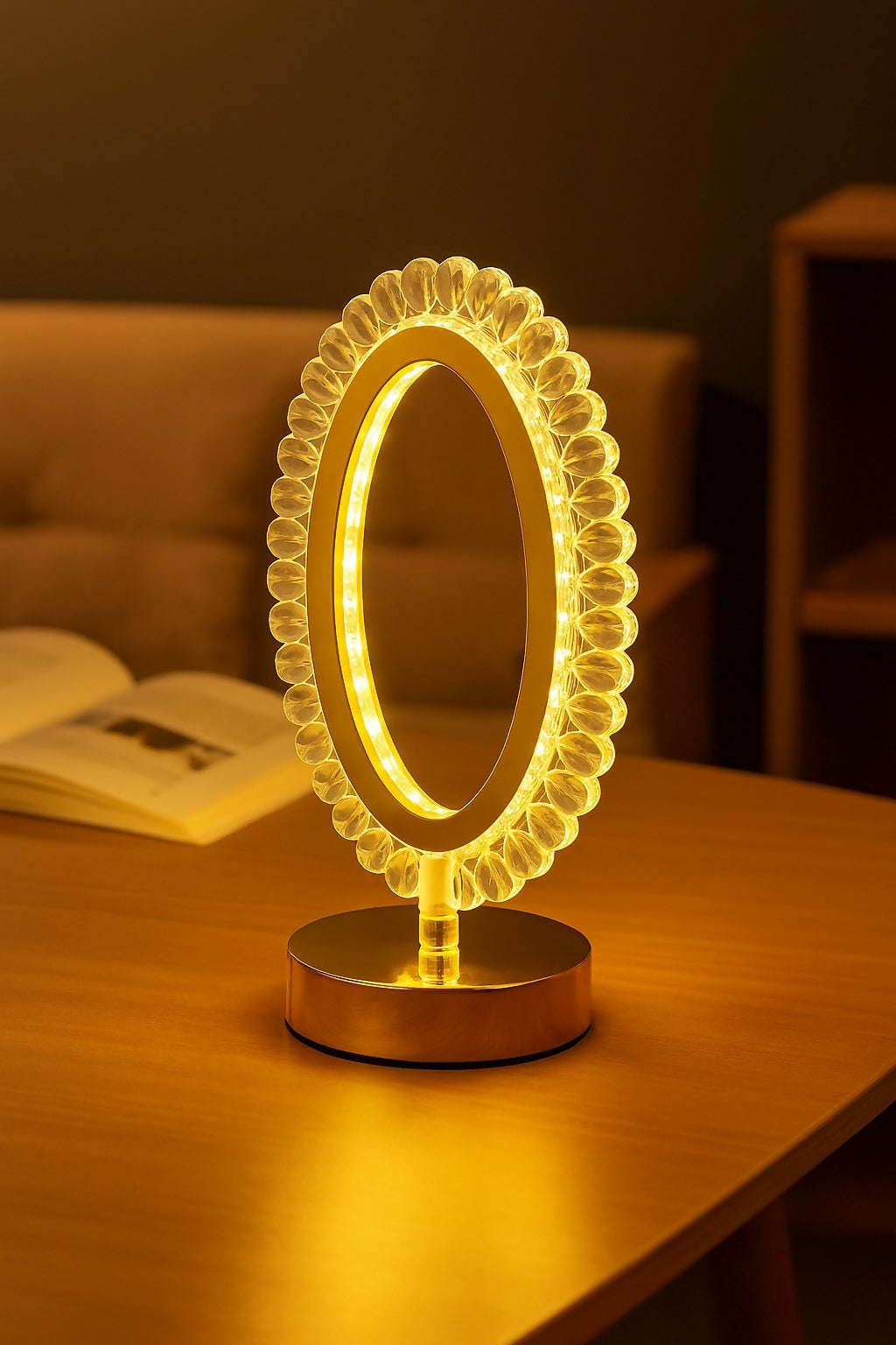 Elegant Crystal Oval LED Lamp with Golden Base | Decorative Oval Shaped Night Light for Bedroom, Living Room, Weddings, Anniversaries, Festivals & Gifting