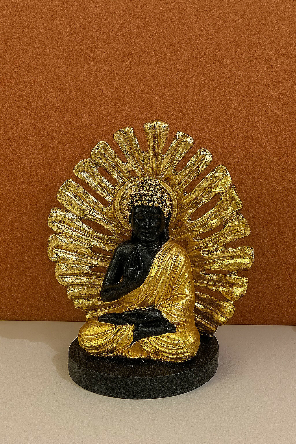 HOME DECOR Black and Gold Meditating Buddha Idol with Decorative Backdrop – Resin Buddha Statue for Home Decor, Positivity & Spiritual Gifting – Elegant Sitting Buddha Showpiece for Living Room, Office & Mandir