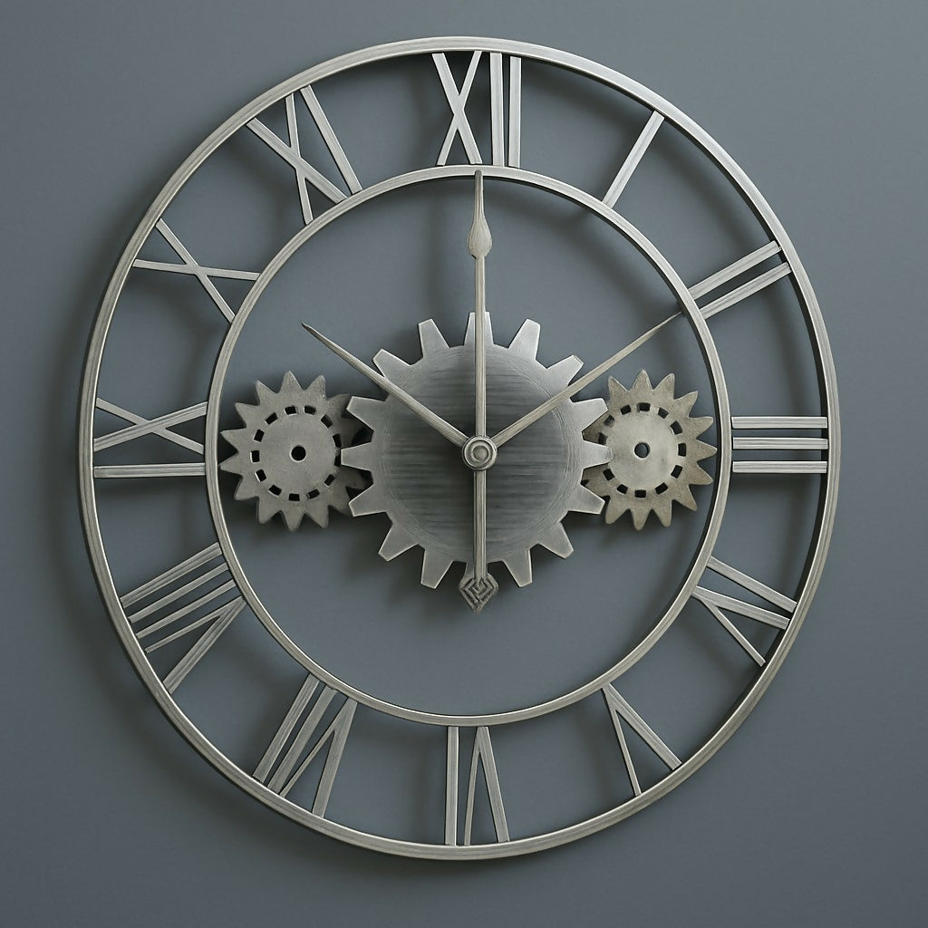 HOME DECOR Vintage Industrial Gear Wall Clock with Roman Numerals – Large Open Face Metal Clock for Living Room, Office, Hallway, and Cafe Decor – Antique Silver Finish with Silent Quartz Movement