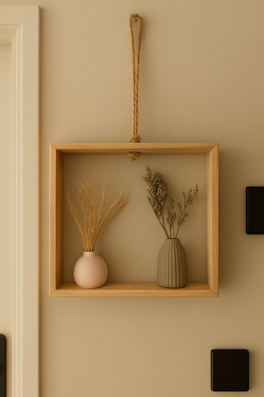 Minimalist Wall Hanging Wooden Frame with Dried Flower Arrangement – Rustic Home Décor Shelf with Pink and Grey Ceramic Vases – Boho Decorative Accent for Living Room, Bedroom, and Office