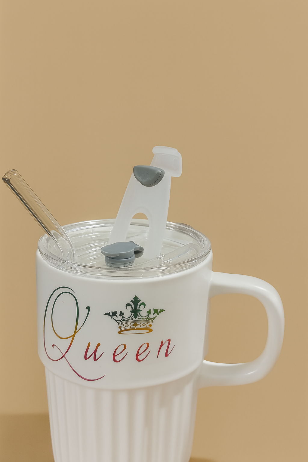 Premium White Ceramic "Queen" Printed Mug with Lid and Stirrer | Elegant Tea & Coffee Cup Gift for Women, Wife, Girlfriend – Royal Crown Design Mug for Hot Beverages
