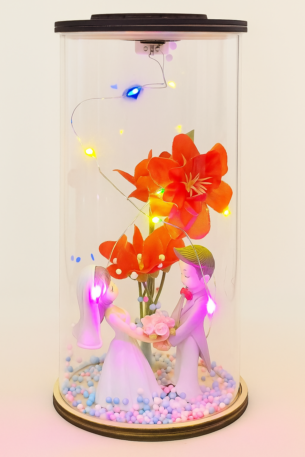 Romantic LED Glass Dome Wedding Couple Showpiece with Artificial Flowers and Colorful Beads – Decorative Night Lamp Gift for Anniversary, Valentine's Day, or Bedroom Table Décor