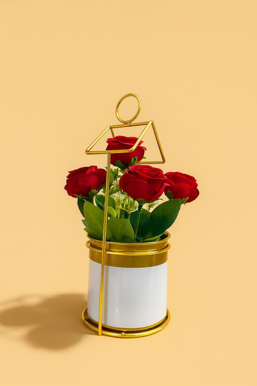 Artificial Red Rose Flower Arrangement in White & Gold Metal Pot with Geometric Stand – Elegant Decorative Centerpiece for Home, Office, and Gifting