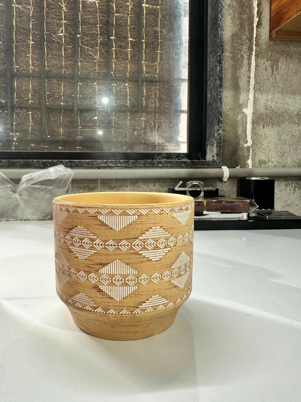 Handcrafted Beige Ceramic Planter Pot with White Tribal Etched Design – Decorative Indoor Pot for Living Room, Office, or Shelf Display – Rustic Boho Aesthetic – 6-Inch Round Plant Container
