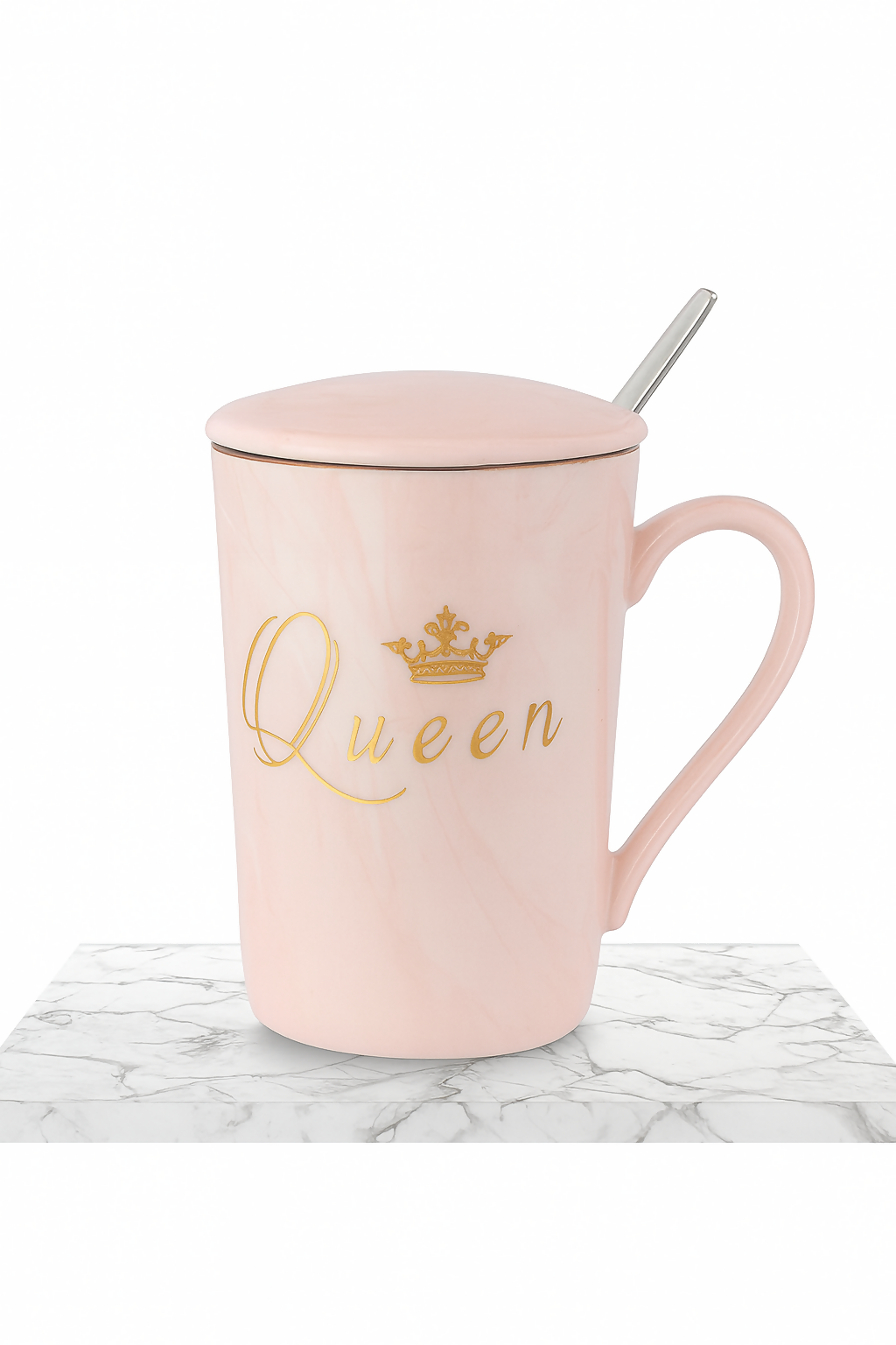 King & Queen Coffee Mug Set with Lids & Spoons | Marble Ceramic Cups for Couples | Luxury Gold Crown Print Tea & Coffee Mug Gift Set for Anniversary, Wedding, Valentine’s Day, Husband & Wife