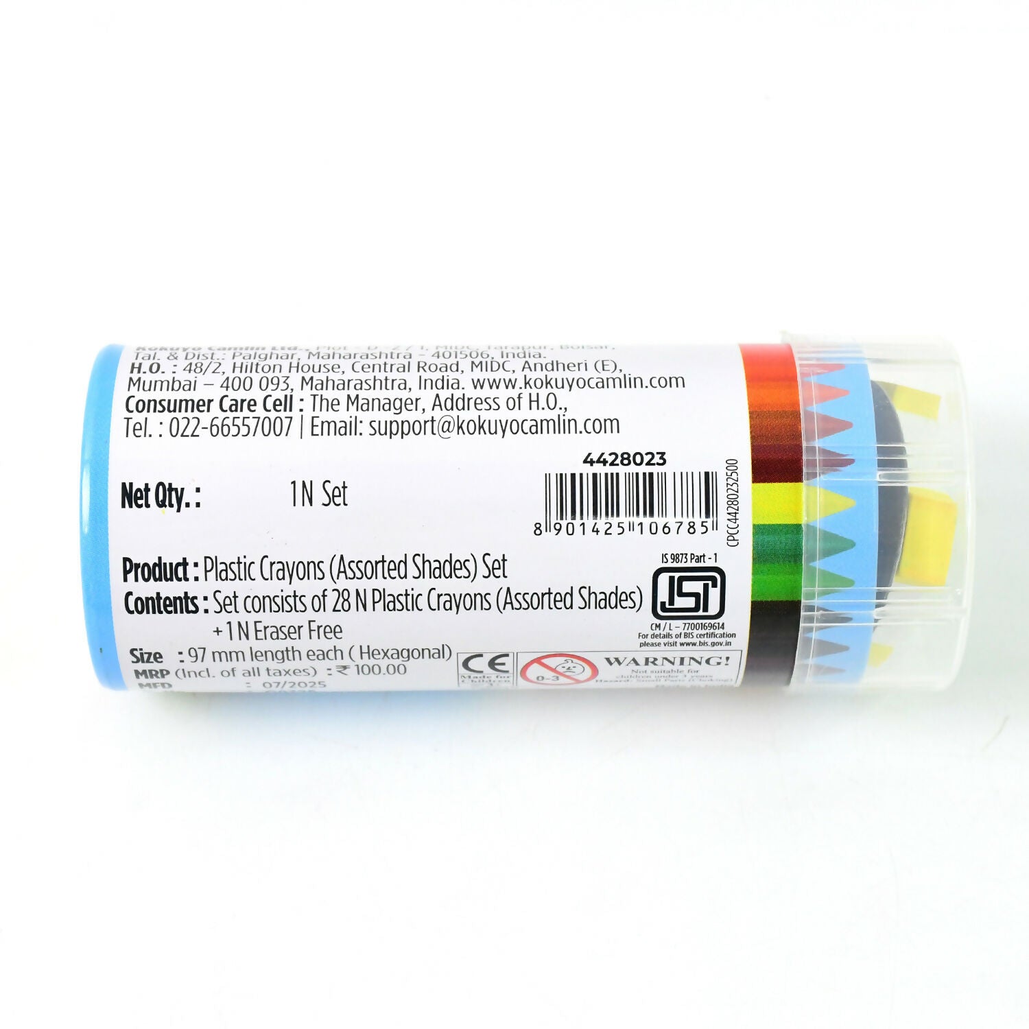 Camel Plastic Crayons 28 Assorted Shades with Free Eraser (Smooth & Stain-Free Colours)