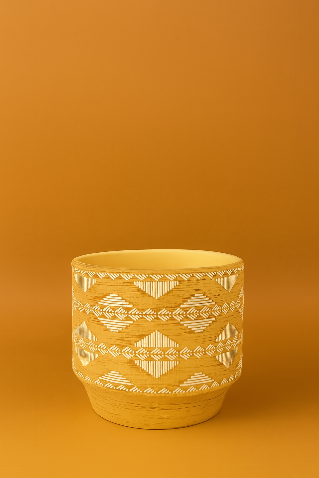 Handcrafted Beige Ceramic Planter Pot with White Tribal Etched Design – Decorative Indoor Pot for Living Room, Office, or Shelf Display – Rustic Boho Aesthetic – 6-Inch Round Plant Container