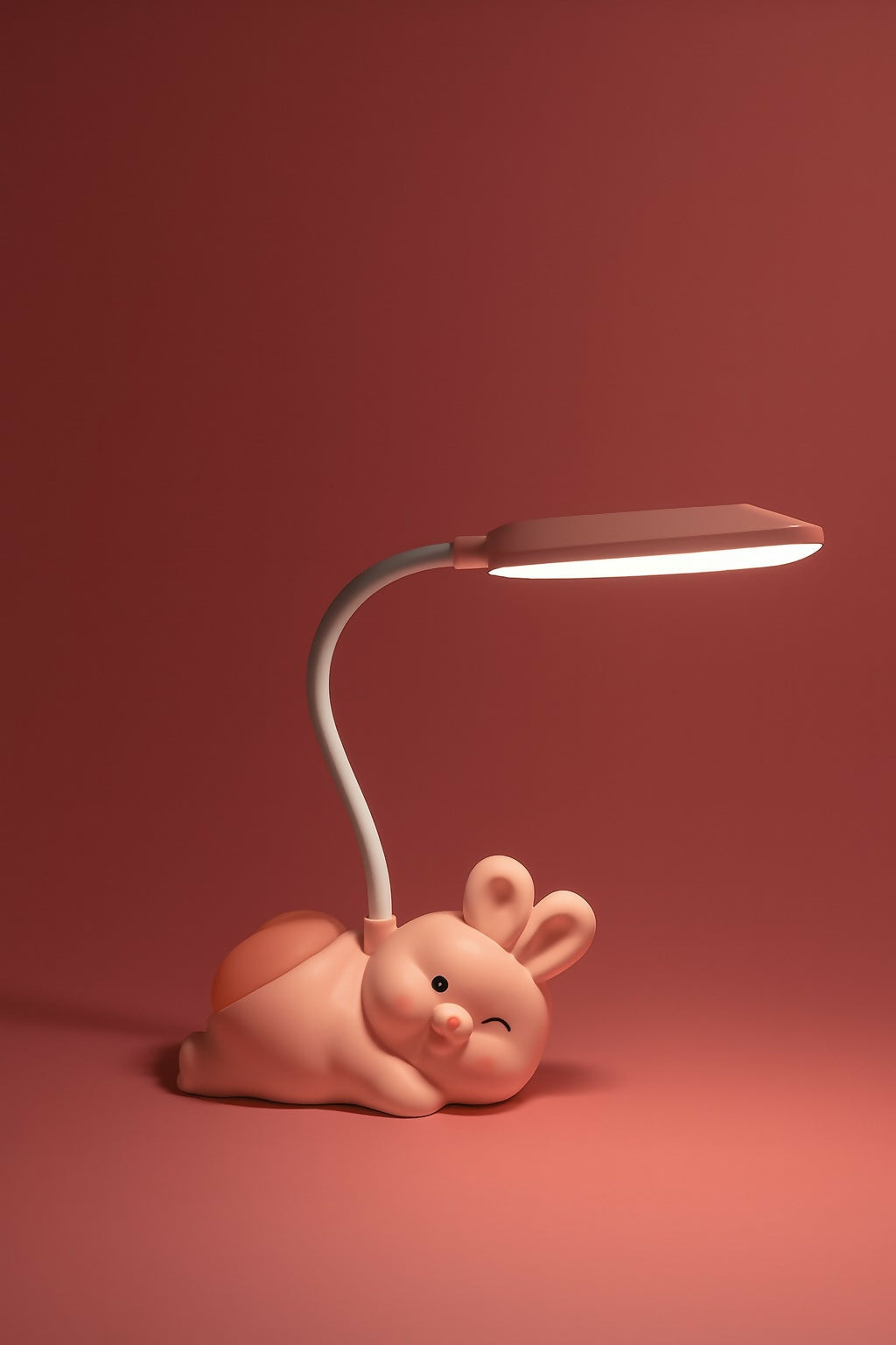 Cute Pink Lying Bunny LED Desk Lamp – USB Rechargeable Flexible Gooseneck Eye Protection Study Light for Kids, Bedside Night Lamp & Room Décor