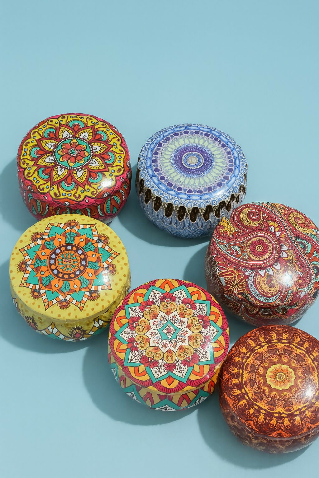 Set of 6 Round Decorative Metal Storage Tins with Multicolor Boho Mandala Prints – Reusable Small Gift Boxes for Jewelry, Candies, Spices, and Party Favors – Vintage Ethnic Print Tin Containers
