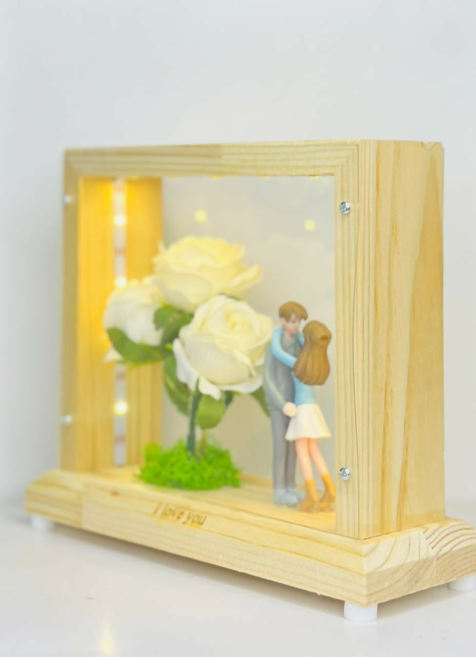 "LED Light-Up Wooden Box Frame with Artificial Pink Roses and Romantic Couple Figurines – I Love You Decorative Gift for Anniversary, Valentine's Day, or Bedroom Table Display