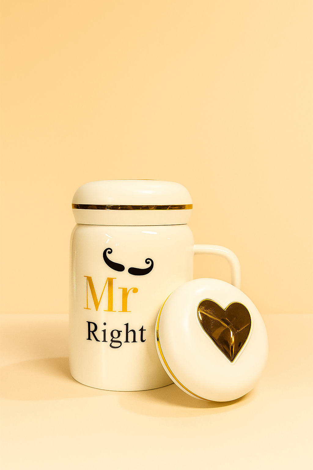 Mr Right Ceramic Mug with Lid – White Glossy Coffee Mug with Gold Accent and Mustache Design – 350ml Stylish Gift Mug for Husband, Boyfriend, or Him