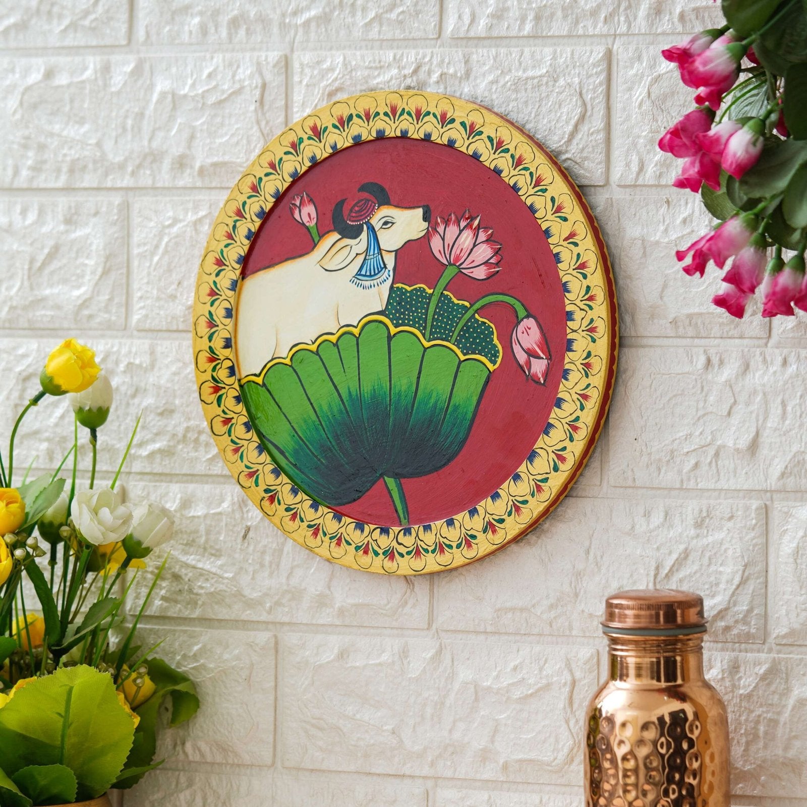 Hand-Painted Pichwai with Cow and Lotus Flower
