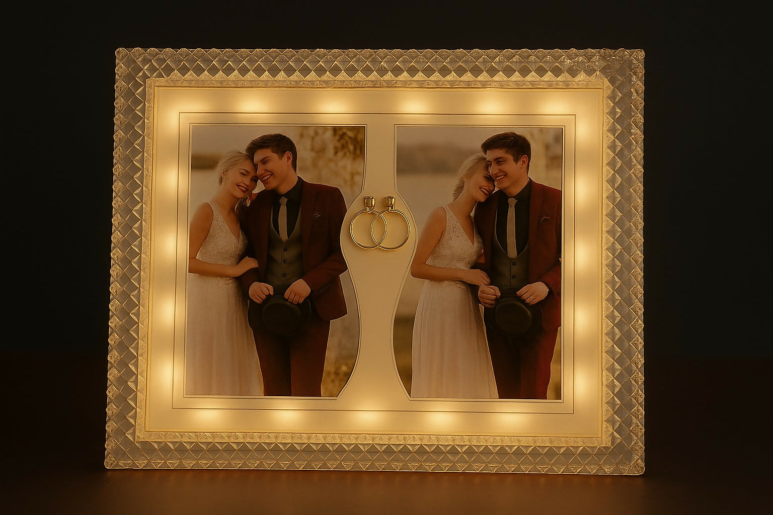 Luxury Double Photo LED Wedding Frame with Crystal Edge and Golden Ring Decor – Light-Up Couple Picture Frame for Anniversary, Engagement & Romantic Gifts