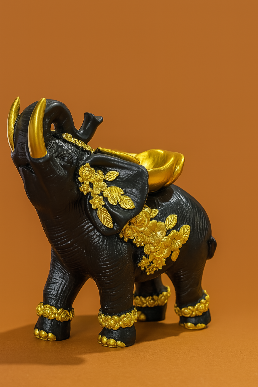 HOME DECOR Luxury Black and Gold Elephant Statue with Floral Embellishments