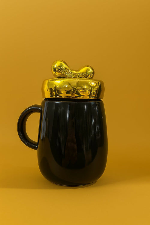 "Be Mine Mr. Black Ceramic Coffee Mug with Golden Lid and Bow Tie – Romantic Gift for Him, Stylish Tea Cup with Quote – All You Need Is Love