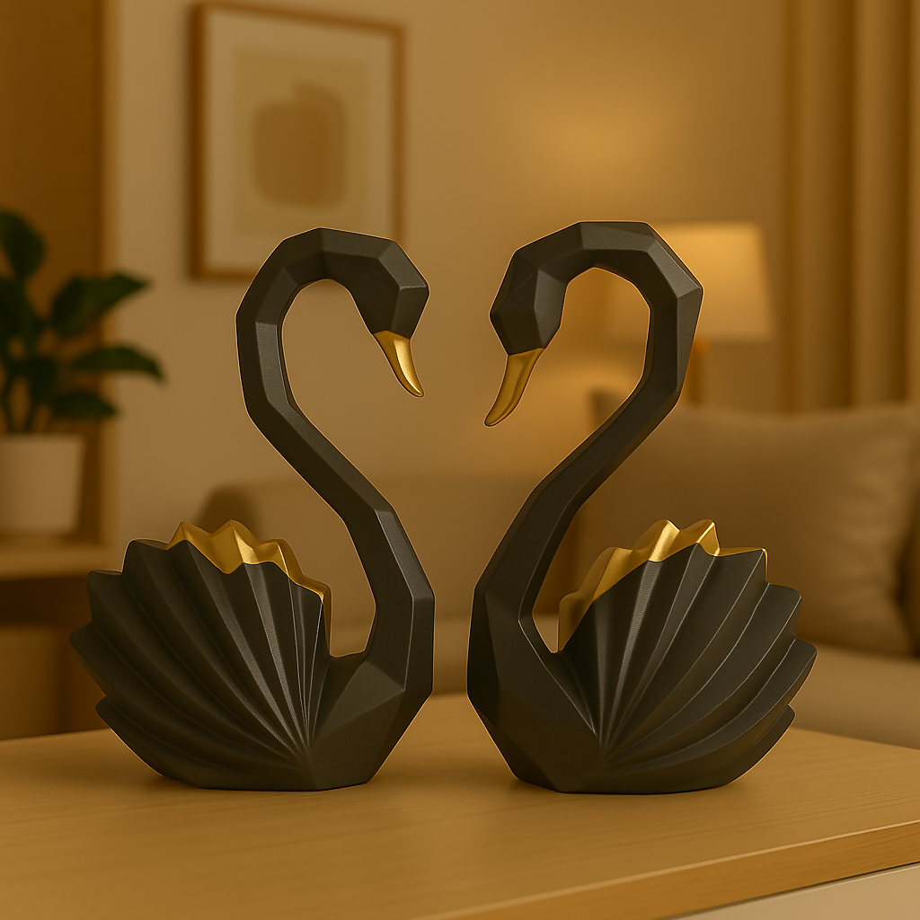HOME DECOR Black & Gold Swan Couple Sculpture Set – Modern Romantic Home Decor Figurines