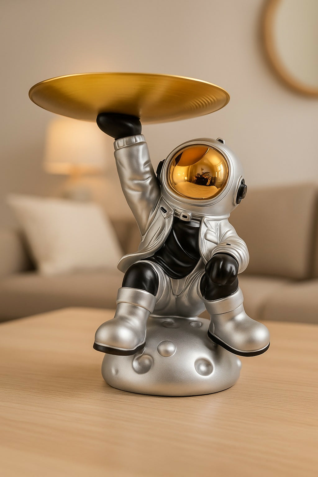 HOME DECOR Astronaut Decorative Tray Holder – Space-Themed Resin Astronaut Figurine with Golden Platter for Keys, Snacks, Jewelry & Accessories – Futuristic Home Decor for Tabletop, Entryway, or Gifting