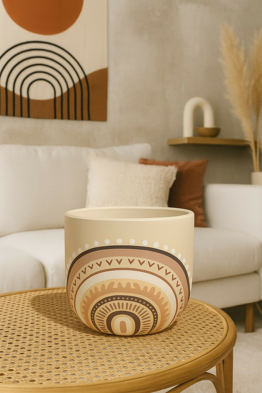 Boho Mandala Ceramic Planter Pot with Multicolor Tribal Print – Decorative Indoor Plant Pot for Succulents, Herbs, or Tabletop Decor – Round Pot with Cream Finish