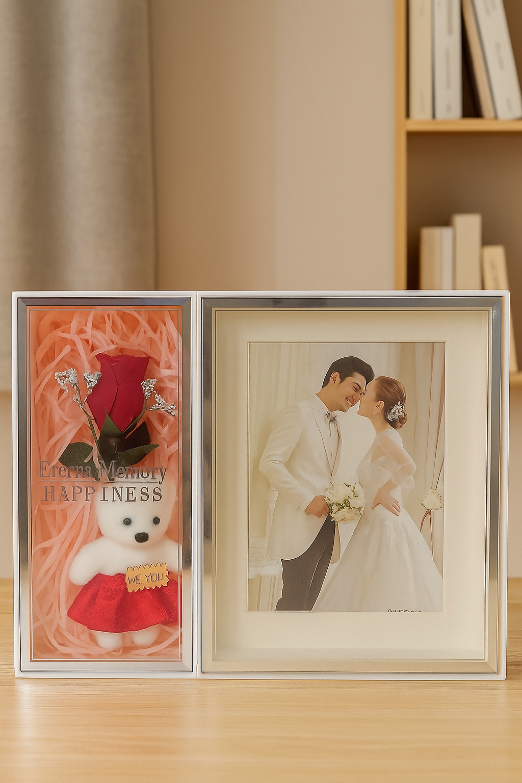 Couple Gift photo Frame with Red Rose, Mini Teddy Bear & Customizable Photo Slot – Elegant Love Keepsake for Anniversary, Engagement, or Valentine’s Day Celebration