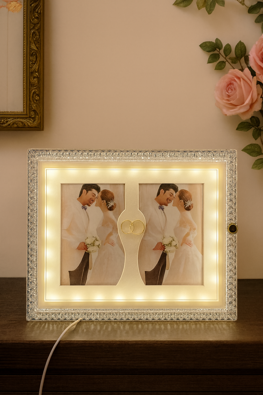 Crystal LED Wedding Photo Frame with Double Photo Slots & Golden Ring Symbol | Sparkling Diamond Border Light-Up Frame for Couple Portraits | Anniversary, Engagement & Romantic Gift Home Décor