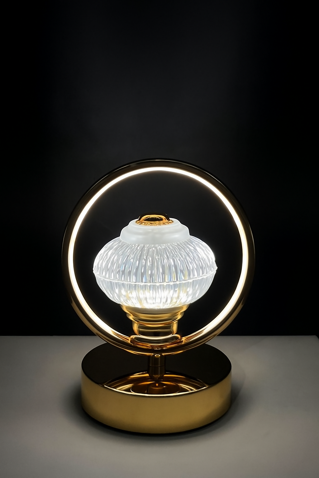 Luxury Golden Halo Table Lamp with Ribbed Glass Globe – Modern Circular LED Touch Lamp for Bedroom, Living Room, or Office – Elegant Ambient Night Light with Golden Base and Ring Fram