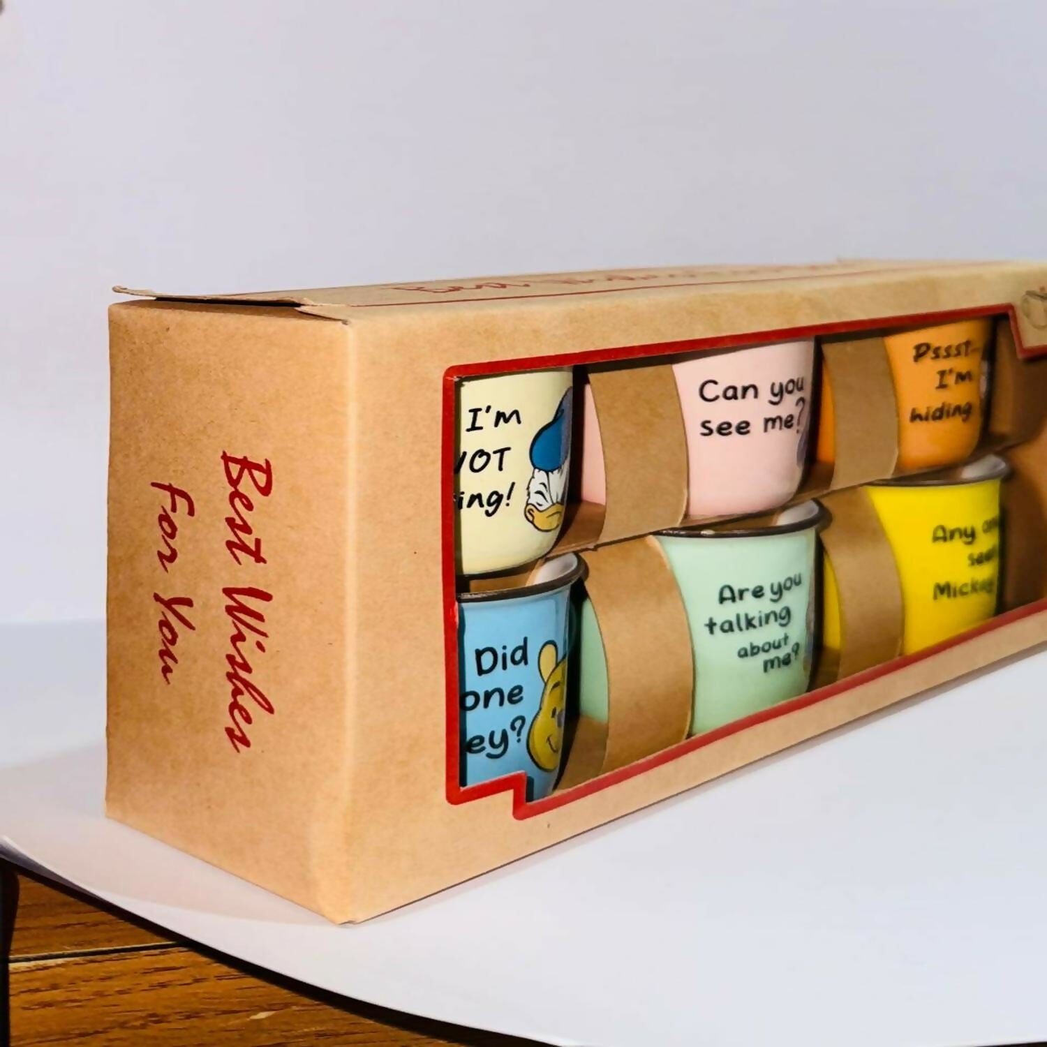 Set of 6 Colorful Cartoon Printed Ceramic Coffee Mugs in Gift Box | Cute Mini Tea Cups with Funny Quotes | Multicolor Designer Cup Set for Tea, Coffee, Milk & Gifting | Kids & Adults Use