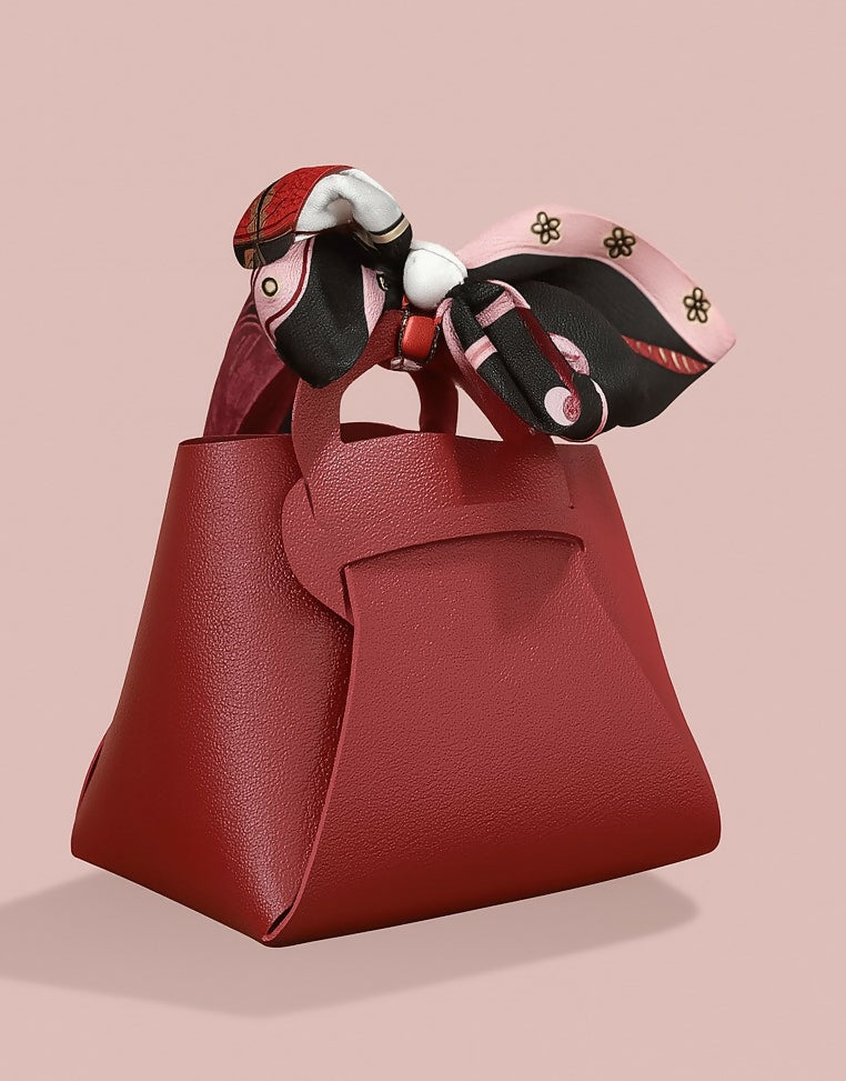 Stylish Red PU Leather Mini Handbag with Printed Fabric Bow | Elegant Gift Pouch for Jewelry, Candy, Return Gifts, Party Favors for Women & Girls