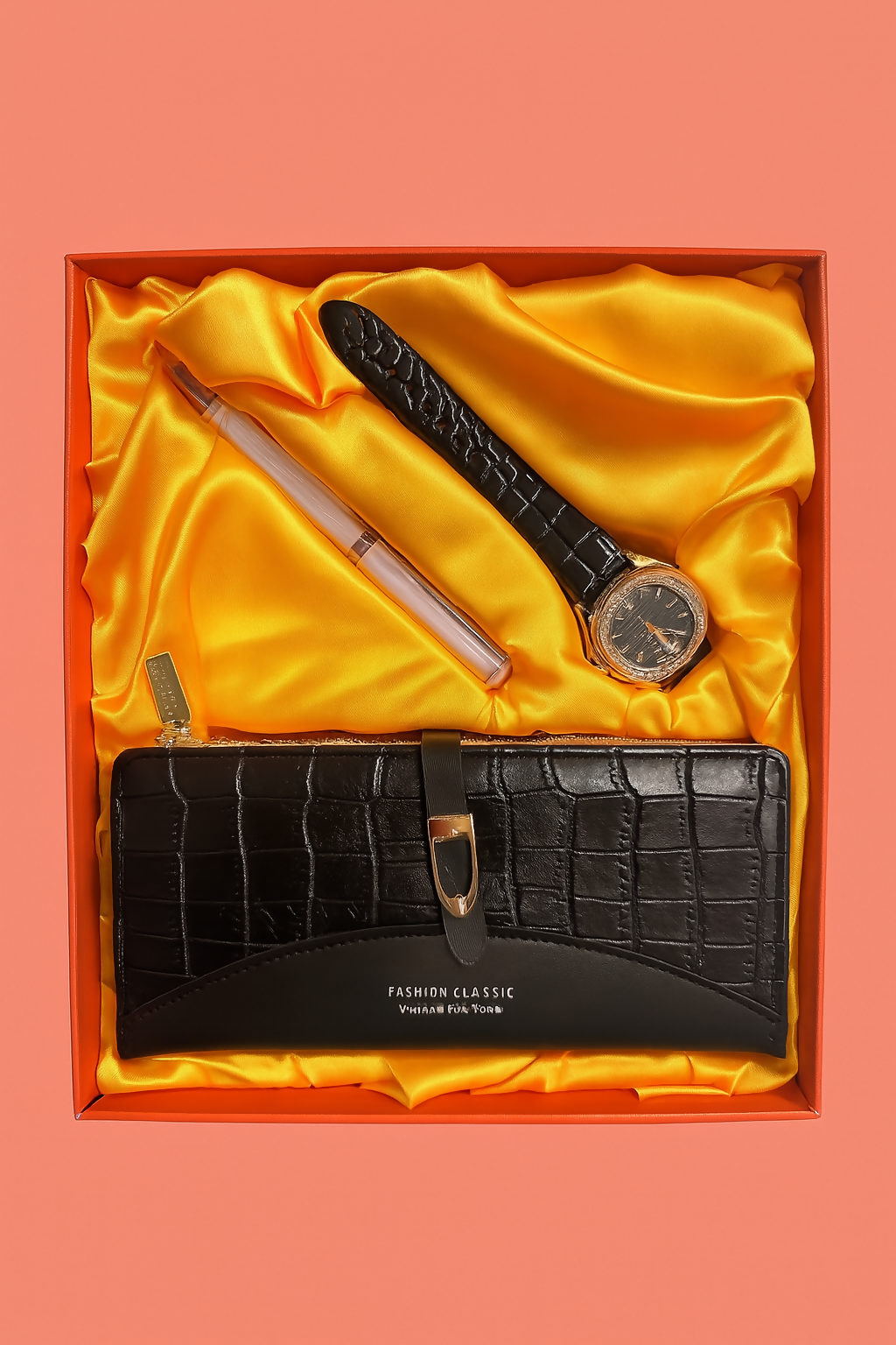 Luxury 3-in-1 Black Gift Set for Women – Premium Crocodile Texture Wallet, Elegant Analog Watch & Stylish Pen in Gift Box | Birthday, Anniversary, Festive Gifting Combo