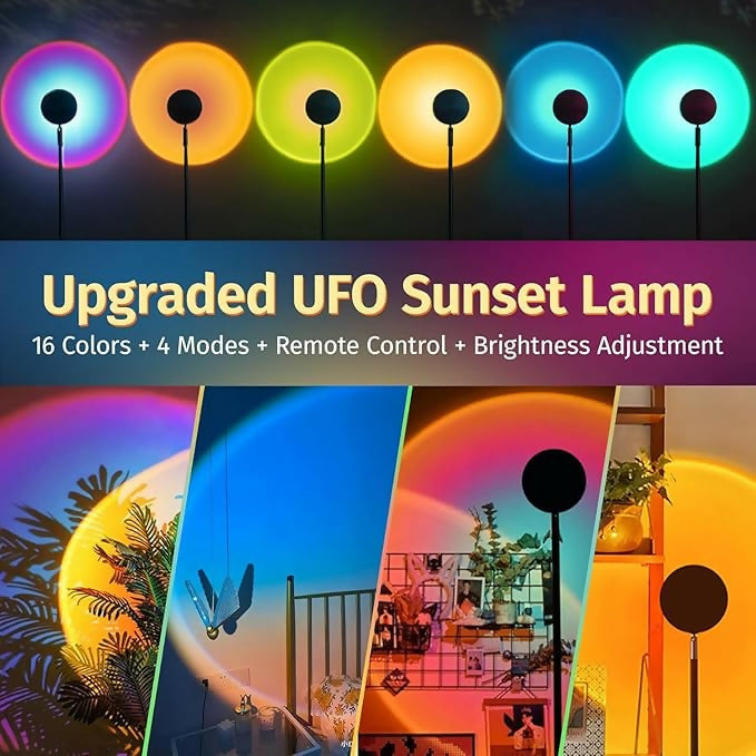 Sunset Projection Lamp with Remote – 16 Color LED Atmosphere Light for Aesthetic Room Décor, Photography, Parties & Ambience – Adjustable Stand, Rotating Head & Multi-Mode Effects