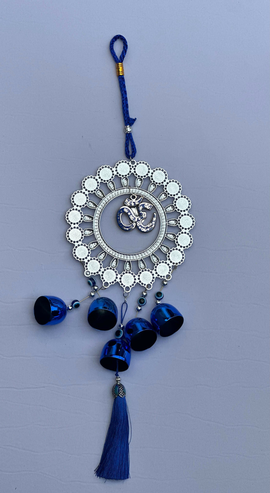 Evil Eye Wall Hanging with Om and Lord Ganesha Symbol – Decorative Blue Nazar Protection Talisman with Bells and Tassels – Vastu and Feng Shui Positive Energy Charm for Home, Office, Temple, or Car Décor